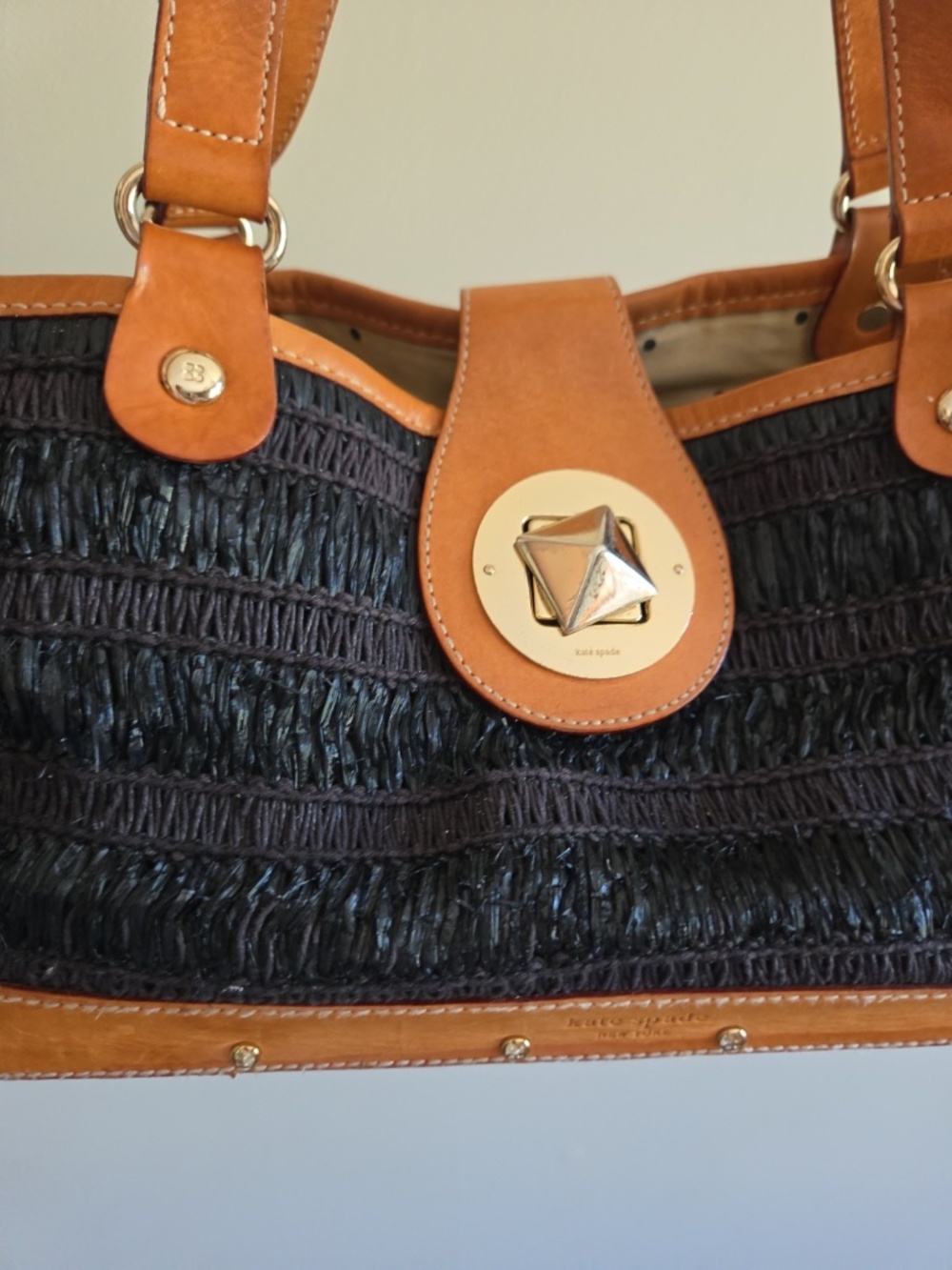 Vintage Kate Spade black straw purse handbag wooden bottom leather trim - Picture 3 of 12
